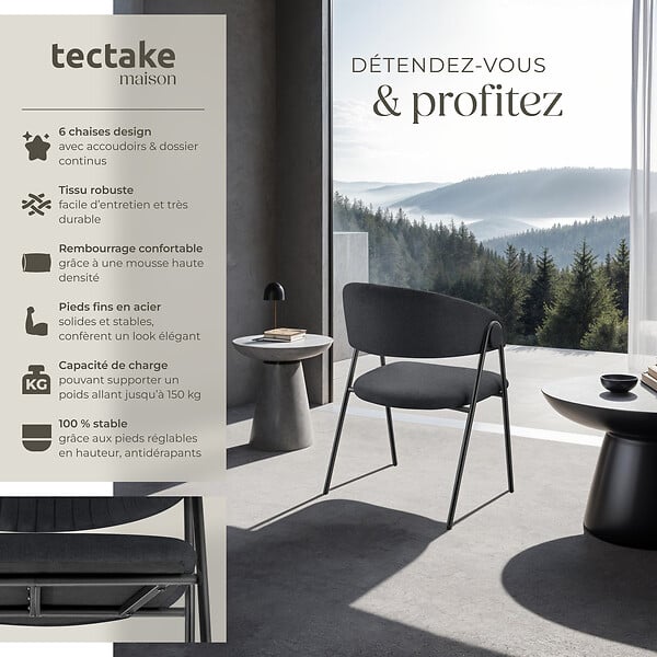 TECTAKE - Lot 6 Fauteuils rembourré ergonomique en tissu 150kg max noir - large
