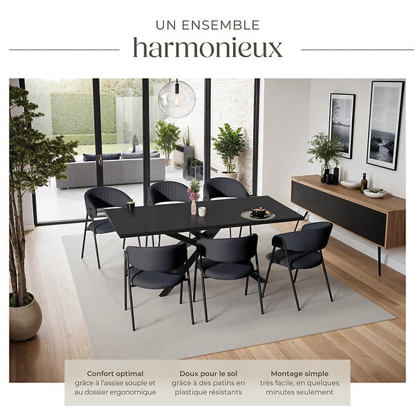 TECTAKE - Lot 6 Fauteuils rembourré ergonomique en tissu 150kg max noir - large