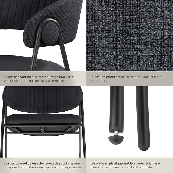 TECTAKE - Lot 6 Fauteuils rembourré ergonomique en tissu 150kg max noir - large