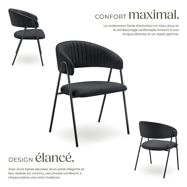 TECTAKE - Lot 6 Fauteuils rembourré ergonomique en tissu 150kg max noir - large