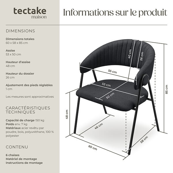 TECTAKE - Lot 6 Fauteuils rembourré ergonomique en tissu 150kg max noir - large