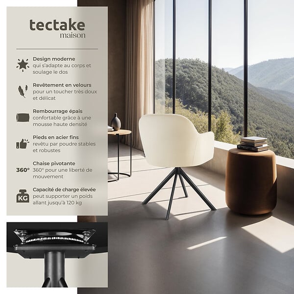 TECTAKE - Lot 4 chaises pivotantes à 360° en velours avec rembourrage crème/noir - large