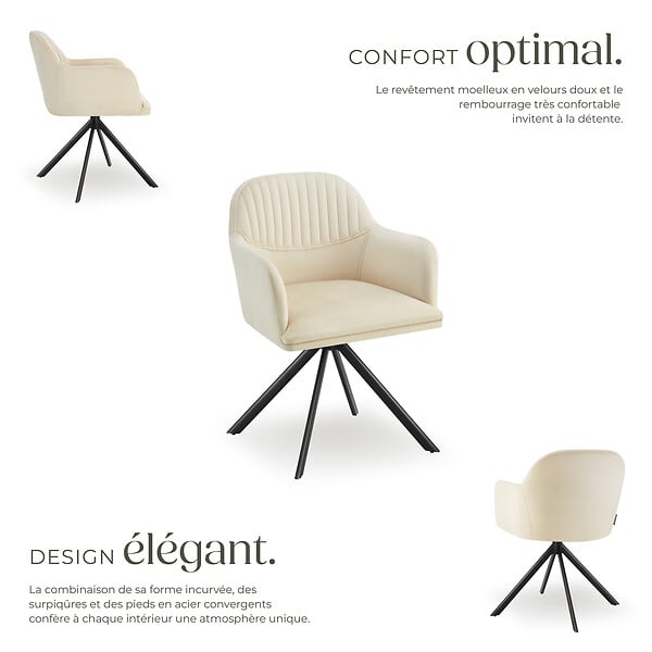 TECTAKE - Lot 4 chaises pivotantes à 360° en velours avec rembourrage crème/noir - large