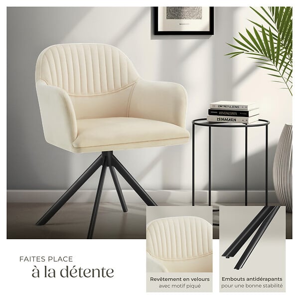TECTAKE - Lot 4 chaises pivotantes à 360° en velours avec rembourrage crème/noir - large