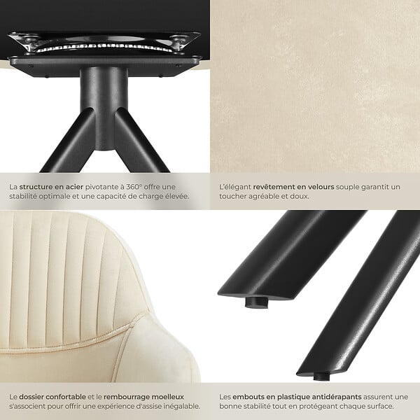 TECTAKE - Lot 4 chaises pivotantes à 360° en velours avec rembourrage crème/noir - large