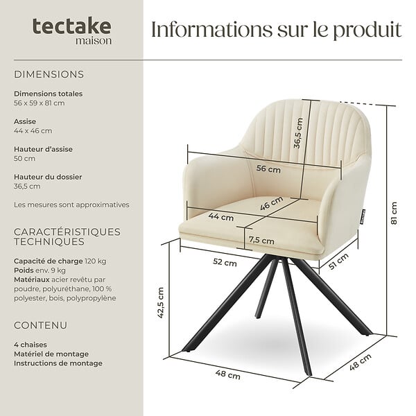 TECTAKE - Lot 4 chaises pivotantes à 360° en velours avec rembourrage crème/noir - large