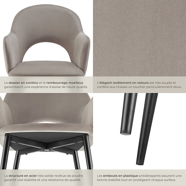 TECTAKE - Lot 6 Fauteuils aspect velours rembourré max 120 kg taupe - large