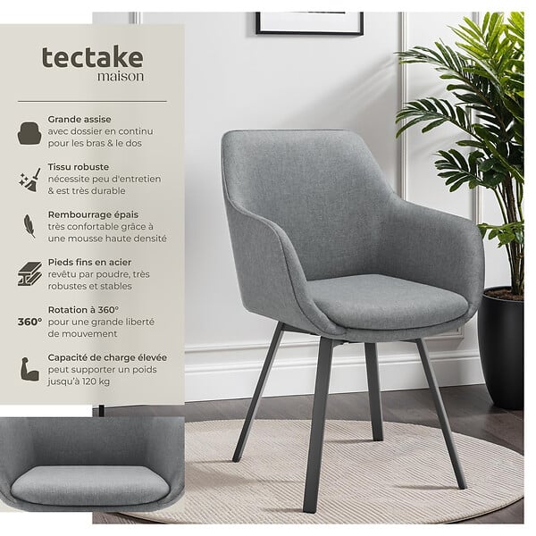 TECTAKE - Lot 6 Fauteuils pivotants rembourrés avec accoudoirs et dossier gris - large