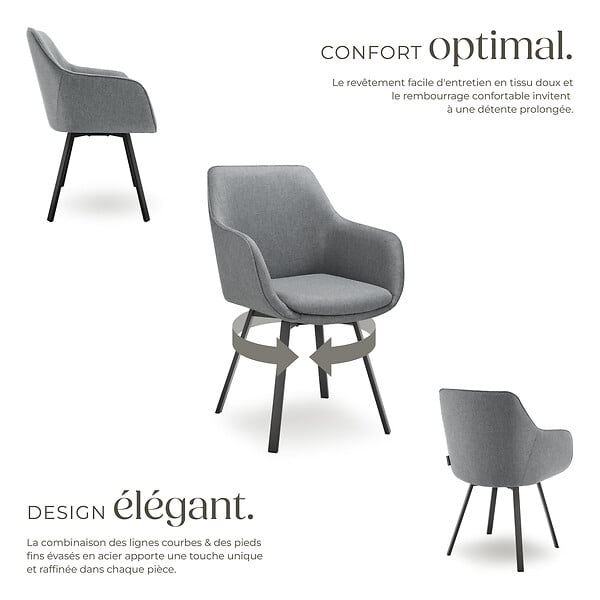 TECTAKE - Lot 6 Fauteuils pivotants rembourrés avec accoudoirs et dossier gris - large