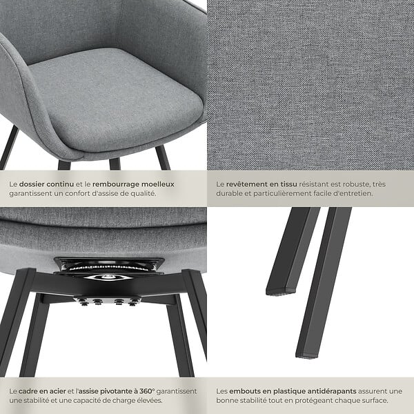TECTAKE - Lot 6 Fauteuils pivotants rembourrés avec accoudoirs et dossier gris - large