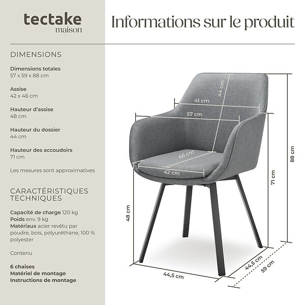 TECTAKE - Lot 6 Fauteuils pivotants rembourrés avec accoudoirs et dossier gris - large