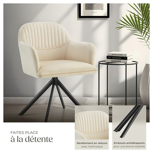 TECTAKE - Chaise pivotante à 360° en velours avec rembourrage crème/noir - large