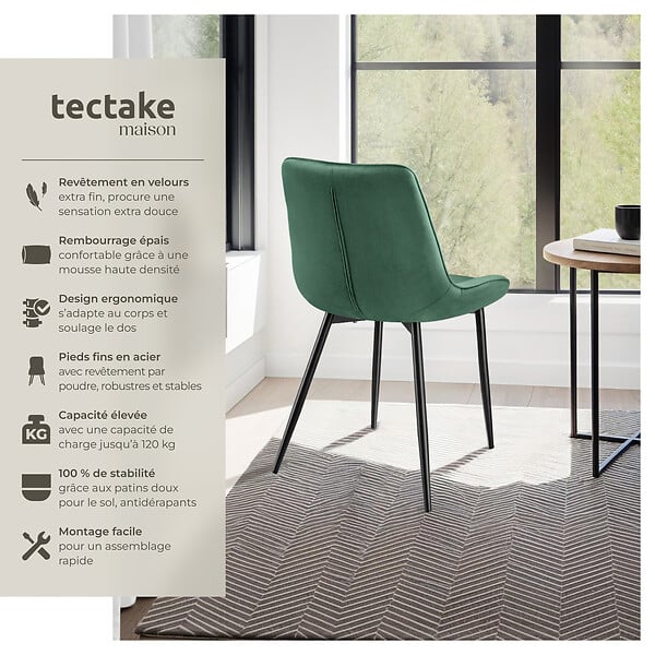 TECTAKE - Lot de 6 chaises Rembourrées aspect velours Ergonomique vert foncé - large