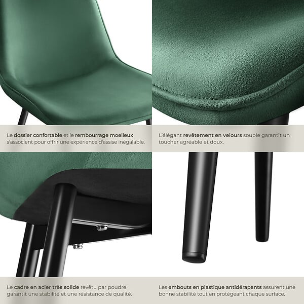 TECTAKE - Lot de 6 chaises Rembourrées aspect velours Ergonomique vert foncé - large