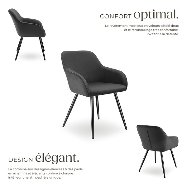TECTAKE - Lot 4 chaises élégantes aspect corde forme ergonomique anthracite/noir - large
