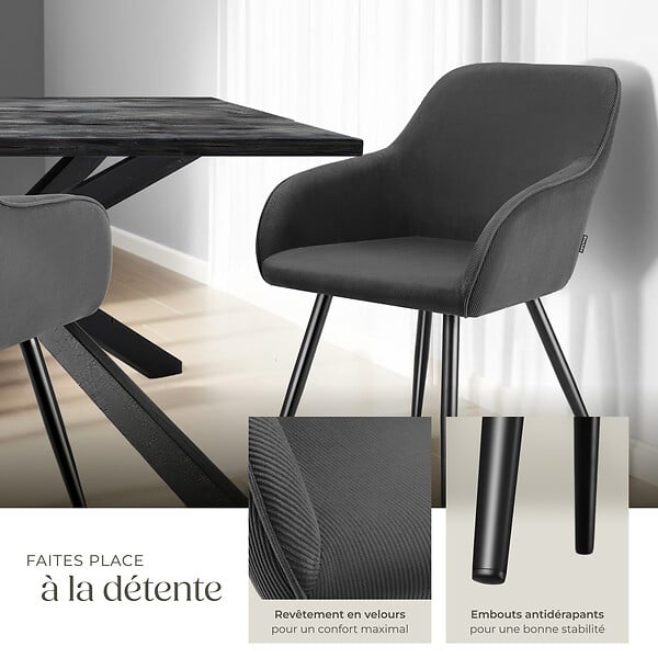 TECTAKE - Lot 4 chaises élégantes aspect corde forme ergonomique anthracite/noir - large