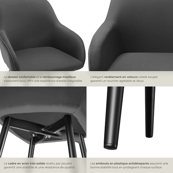 TECTAKE - Lot 4 chaises élégantes aspect corde forme ergonomique anthracite/noir - large