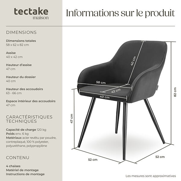 TECTAKE - Lot 4 chaises élégantes aspect corde forme ergonomique anthracite/noir - large