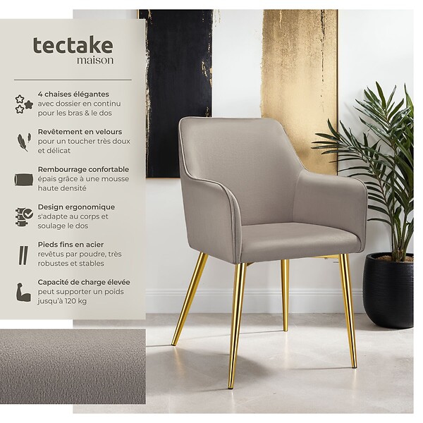 TECTAKE - Lot 4 Fauteuils aspect velours rembourrés avec dossier continu taupe - large