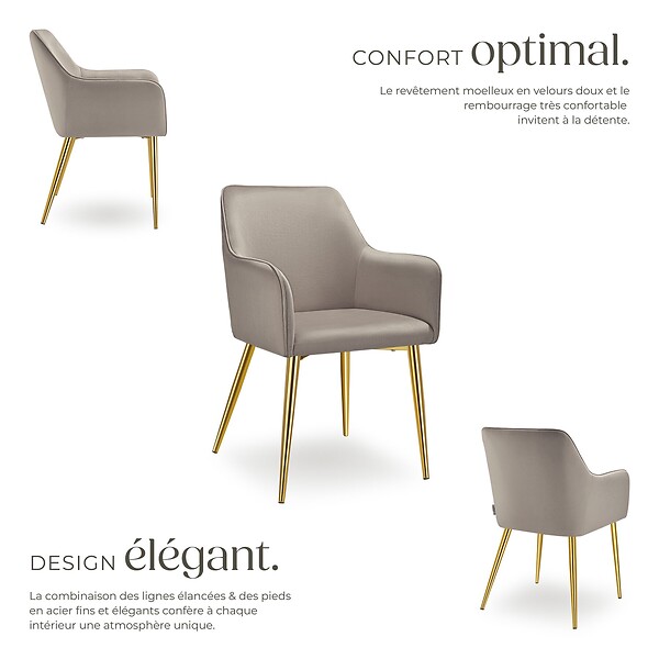 TECTAKE - Lot 4 Fauteuils aspect velours rembourrés avec dossier continu taupe - large