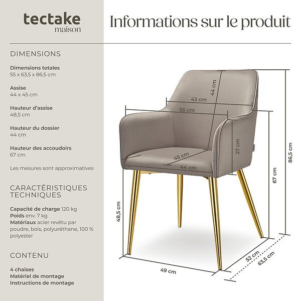 TECTAKE - Lot 4 Fauteuils aspect velours rembourrés avec dossier continu taupe - large