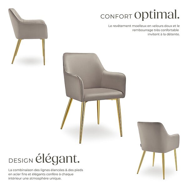 TECTAKE - Lot 6 Fauteuils aspect velours rembourrés avec dossier continu taupe - large