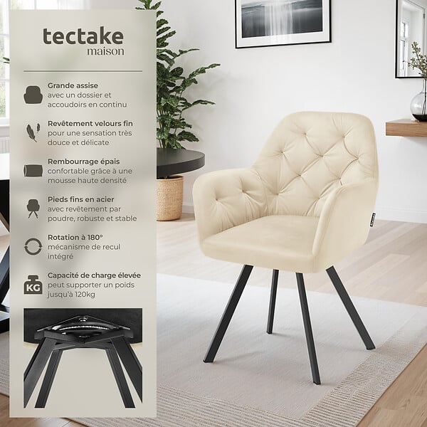 TECTAKE - Fauteuil pivotant 180° en velours rembourré motif matelassé crème - large