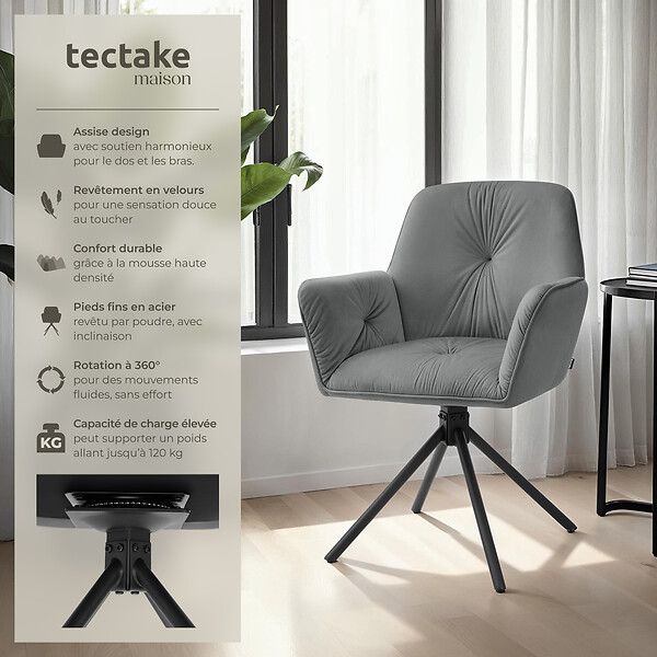 TECTAKE - Lot de 2 chaises pivotantes 360° en velours rembourré anthracite/noir - large