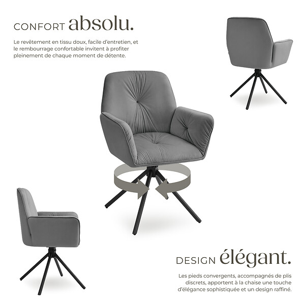 TECTAKE - Lot de 2 chaises pivotantes 360° en velours rembourré anthracite/noir - large