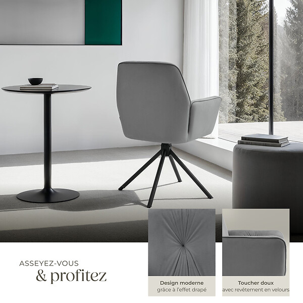 TECTAKE - Lot de 2 chaises pivotantes 360° en velours rembourré anthracite/noir - large
