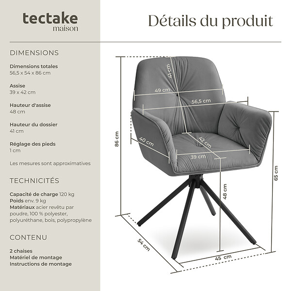 TECTAKE - Lot de 2 chaises pivotantes 360° en velours rembourré anthracite/noir - large