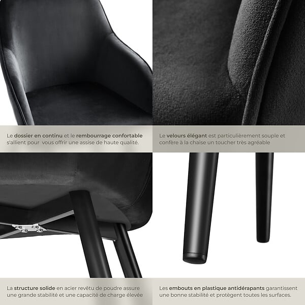 TECTAKE - Ensemble 4 chaises ergonomiques cuir synthétique aspect velours noir - large