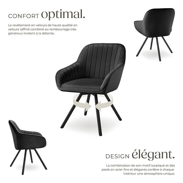 TECTAKE - Lot 6 chaises pivotantes à 360° avec accoudoirs velours noires - large