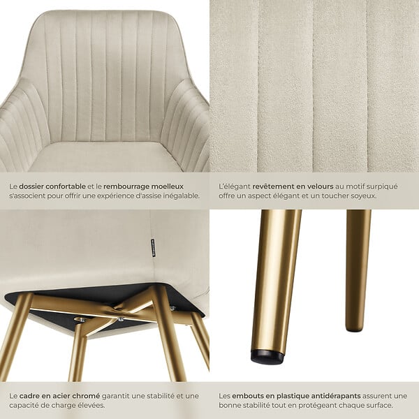 TECTAKE - Lot 6 chaises de salle à manger aspect velours matelassé crème/or - large