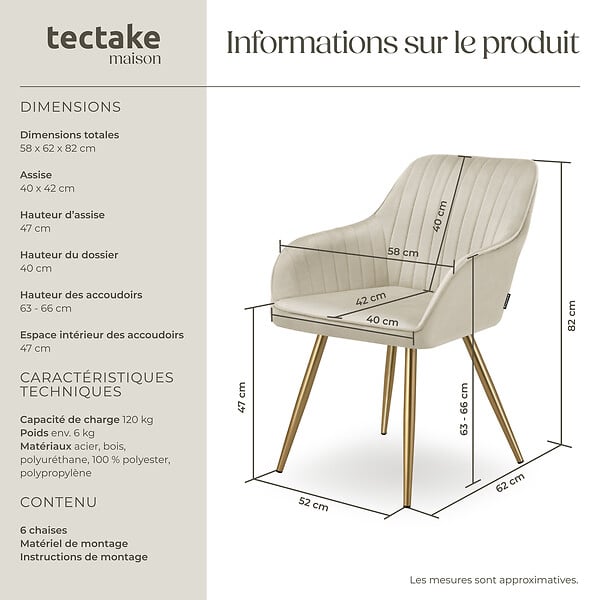 TECTAKE - Lot 6 chaises de salle à manger aspect velours matelassé crème/or - large