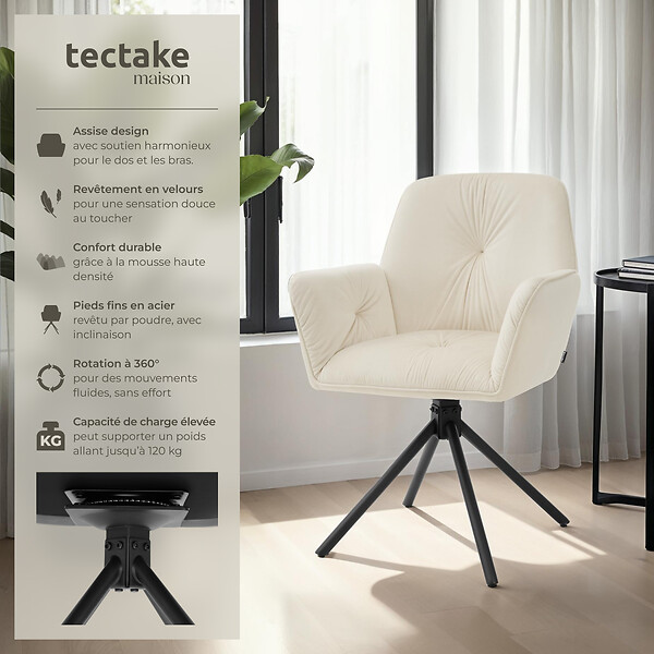 TECTAKE - Lot de 6 chaises pivotantes 360° en velours rembourré crème/noir - large