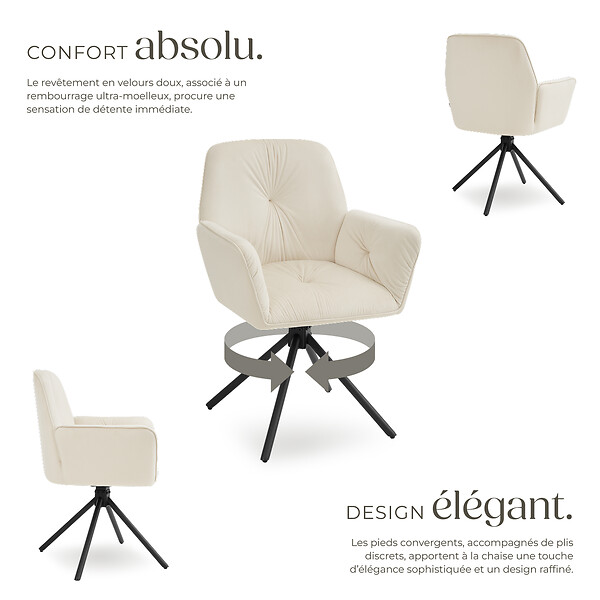 TECTAKE - Lot de 6 chaises pivotantes 360° en velours rembourré crème/noir - large