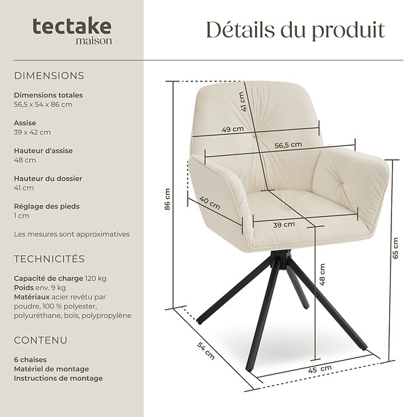 TECTAKE - Lot de 6 chaises pivotantes 360° en velours rembourré crème/noir - large