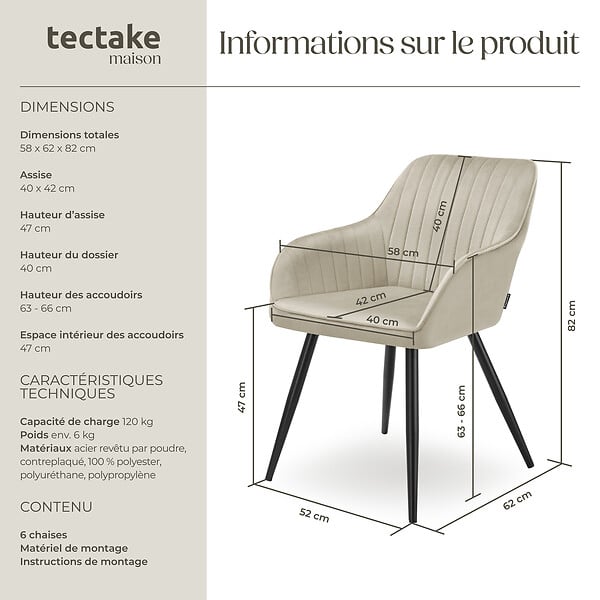 TECTAKE - Lot 6 chaises de salle à manger en velours matelassées crème - large