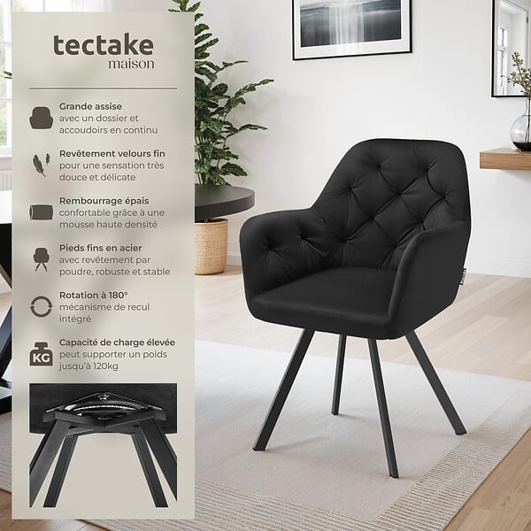 TECTAKE - Lot 2 fauteuils pivotants 180° velours rembourrés motif matelassé noir - large