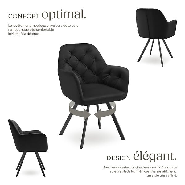 TECTAKE - Lot 2 fauteuils pivotants 180° velours rembourrés motif matelassé noir - large