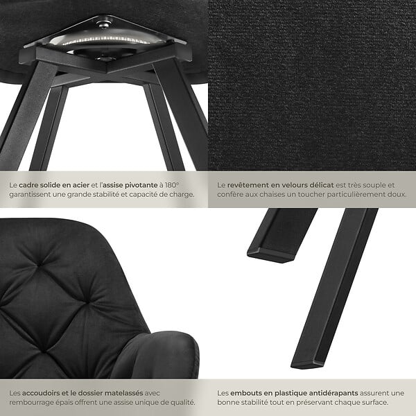 TECTAKE - Lot 2 fauteuils pivotants 180° velours rembourrés motif matelassé noir - large