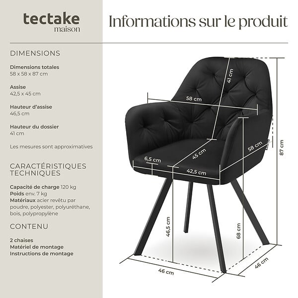 TECTAKE - Lot 2 fauteuils pivotants 180° velours rembourrés motif matelassé noir - large
