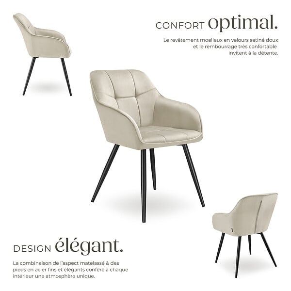 TECTAKE - Lot 2 chaises rembourrées en velours matelassé et dossier crème - large