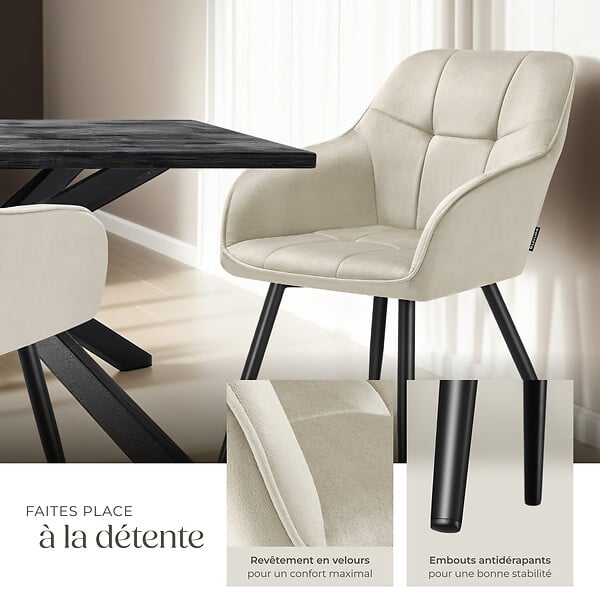 TECTAKE - Lot 2 chaises rembourrées en velours matelassé et dossier crème - large