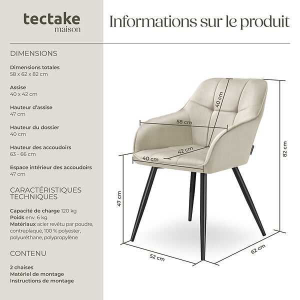 TECTAKE - Lot 2 chaises rembourrées en velours matelassé et dossier crème - large