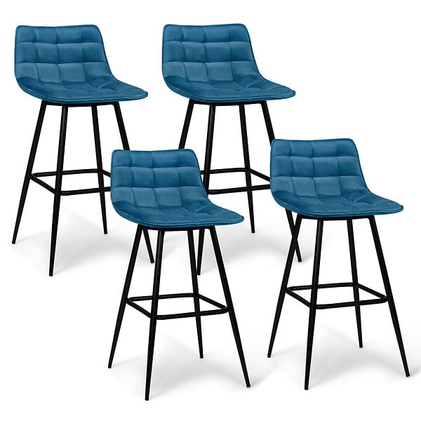 ID MARKET - Lot de 4 tabourets de bar MADY en velours bleu - large