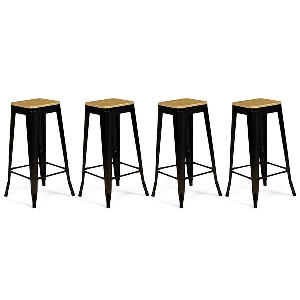 ID MARKET - Lot de 4 tabourets de bar LENY métal noir mat assise bois empilable aspect brut factory - large