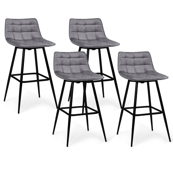 ID MARKET - Lot de 4 tabourets de bar MADY en velours gris clair - large