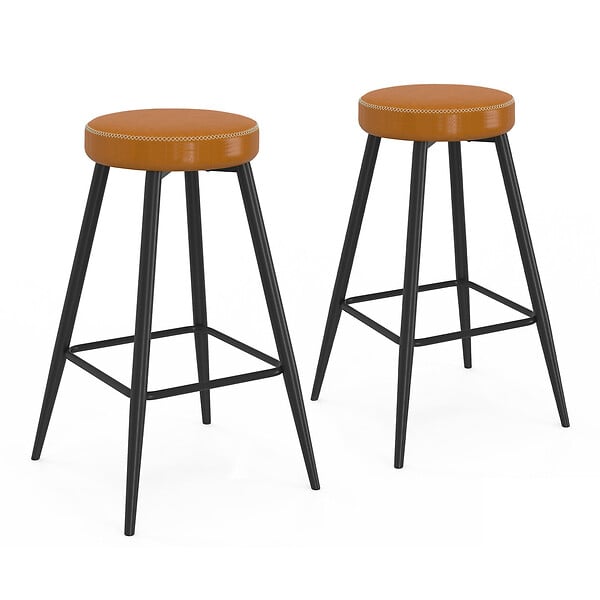 ID MARKET - Lot de 2 tabourets de bar ISAURE marron avec coutures et pieds en métal noir - large